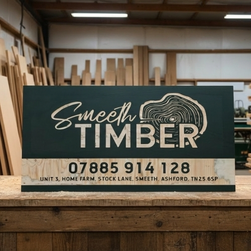Handcrafted timber business sign with engraved logo and contact details