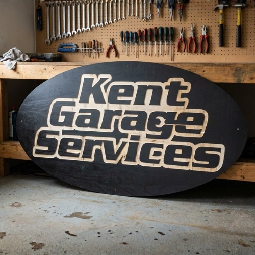 CNC cut workshop sign with bold raised lettering