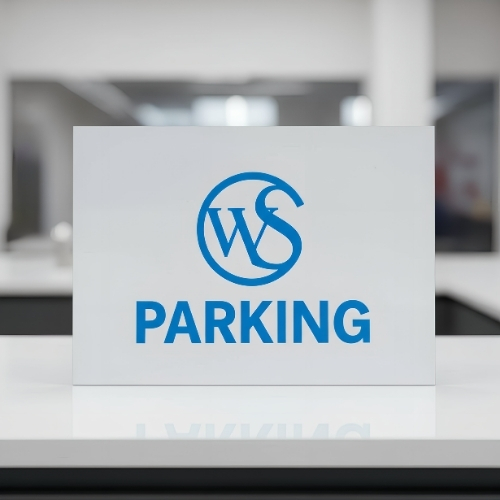 Custom acrylic parking sign with printed logo and text